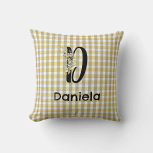 Coussin Fleur de monogramme rétro gingham bleu gris