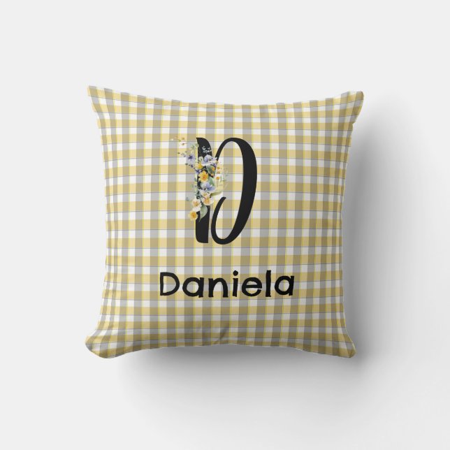 Coussin Fleur de monogramme rétro gingham bleu gris (Recto)
