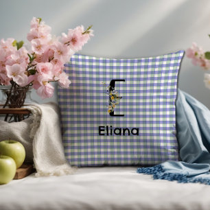 Coussin Fleur de monogramme rétro gingham bleu vert