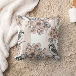 Coussin Fleur de oiseau vintage Toile Rayure (1)