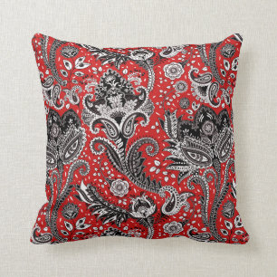 Coussin Fleur de Paisley Rouge Noir et Blanc Bohème Boho