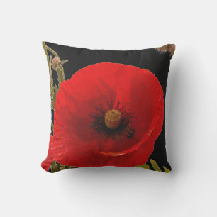Coussin Fleur de pavot Floral Abstrait Jardin Rouge Noir