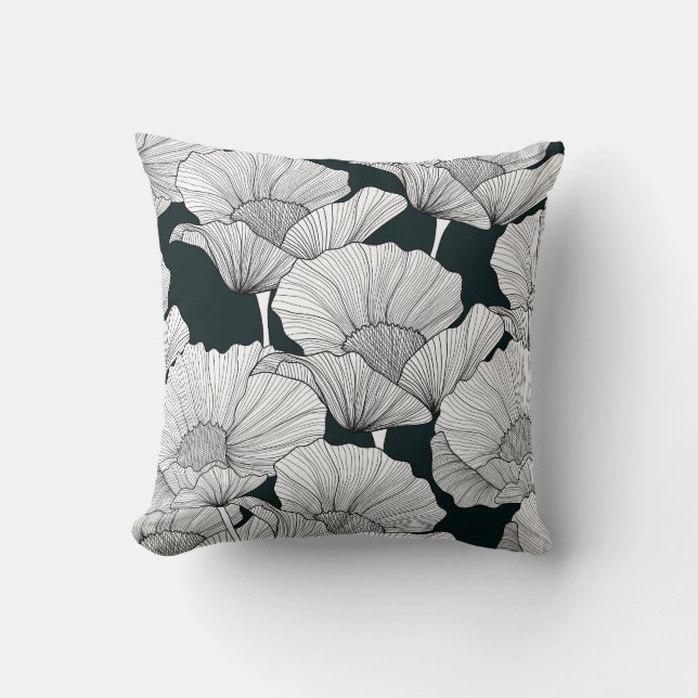 Coussin Fleur de pavot, ligne blanche noire. (Recto)
