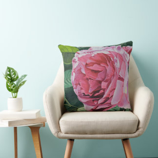 Coussin Fleur de pivoine rose avec feuilles verts, Grande