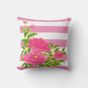 Coussin Fleur de pivoine rose sur Arrière - plan rayé été