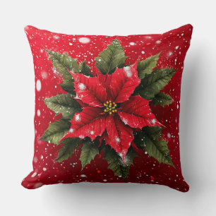 Coussin Fleur de poinsettia vibrante sur un fond rouge fes
