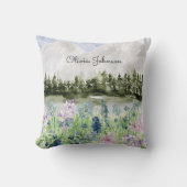 Coussin Fleur de pré à l'aquarelle bleue et violette monog (Recto)