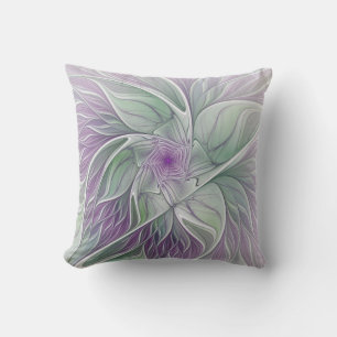 Coussin Fleur de rêve, art fractal abstrait violet vert