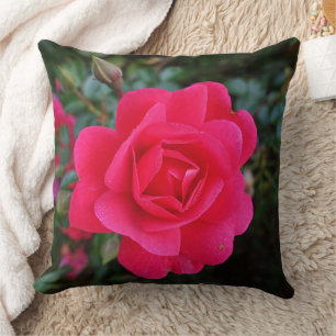 Coussin fleur de rose rose chaud et photo d'art de feuille