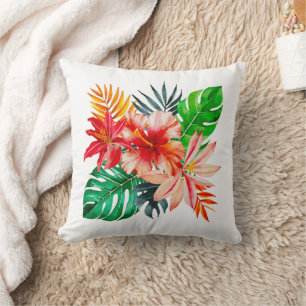 Coussin Fleur d'Hibiscus rouge et feuilles de Monstera