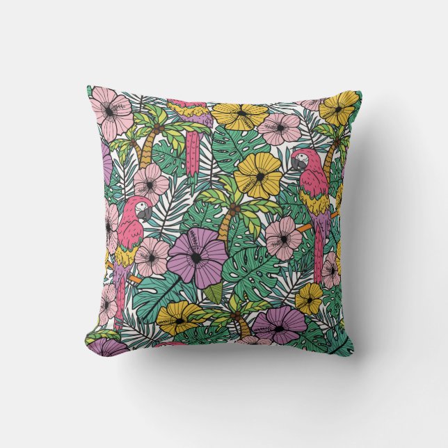 Coussin Fleur d'hibiscus tropicale avec palme, perroquets  (Recto)