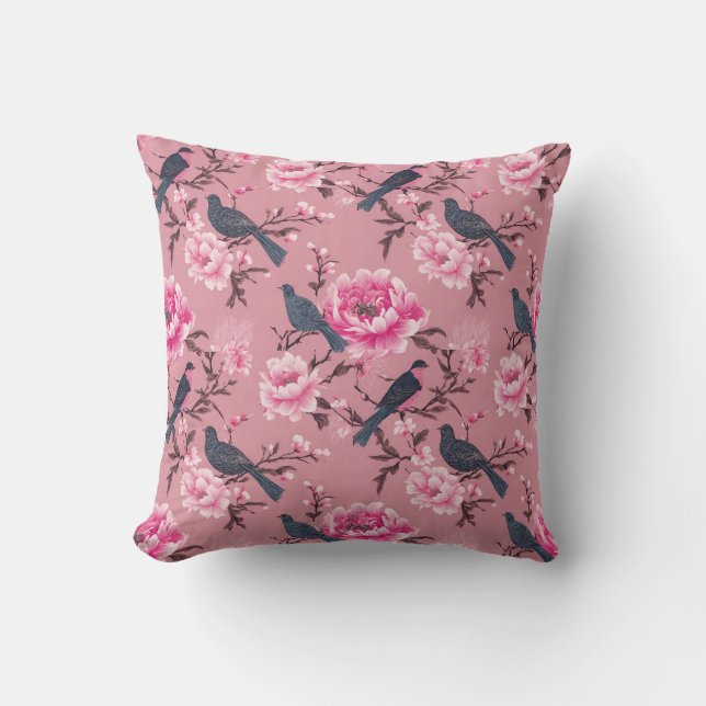 Coussin Fleur d'oiseau rose Chinoiserie (Recto)