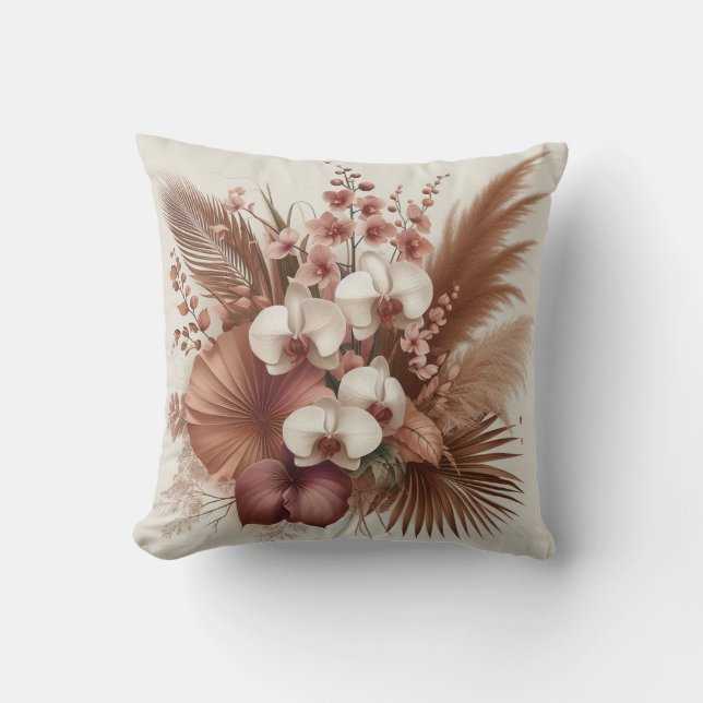 Coussin Fleur d'orchidée rose moderne & feuilles tropicaux (Recto)