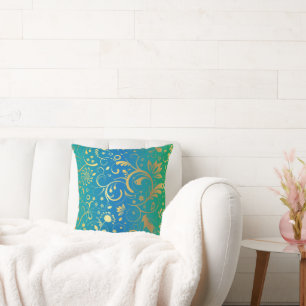 Coussin Fleur dorée sur fond dégradé vert et bleu