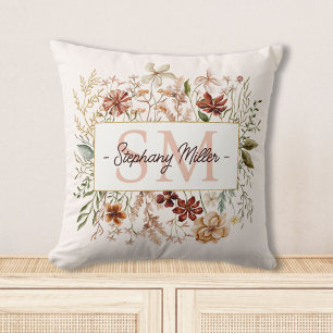Coussin Fleur Florale Élégante Monogramme Aquarelle Automn