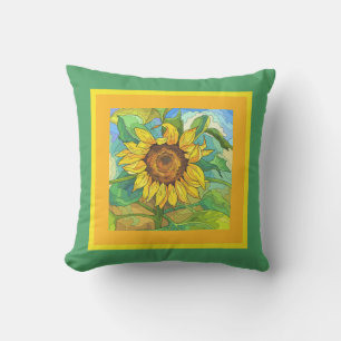 Coussin Fleur florale, tournesol jumbo sur jaune/vert