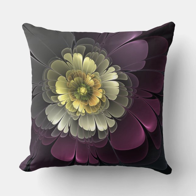 Coussin Fleur fractale grise et pourpre moderne abstraite (Recto)