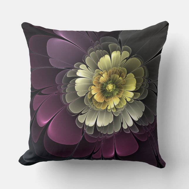 Coussin Fleur fractale grise et pourpre moderne abstraite (Recto)