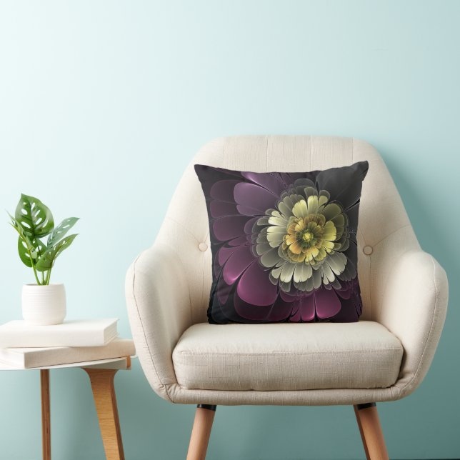 Coussin Fleur fractale grise et pourpre moderne abstraite (Chaise)