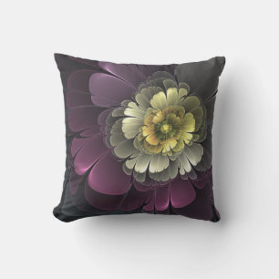 Coussin Fleur fractale grise et pourpre moderne abstraite