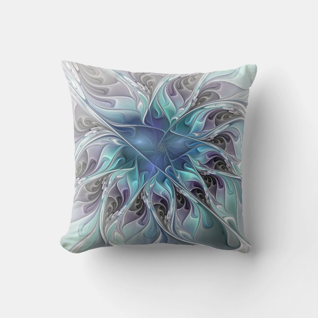 Coussin Fleur fractale moderne abstraite avec du bleu (Recto)