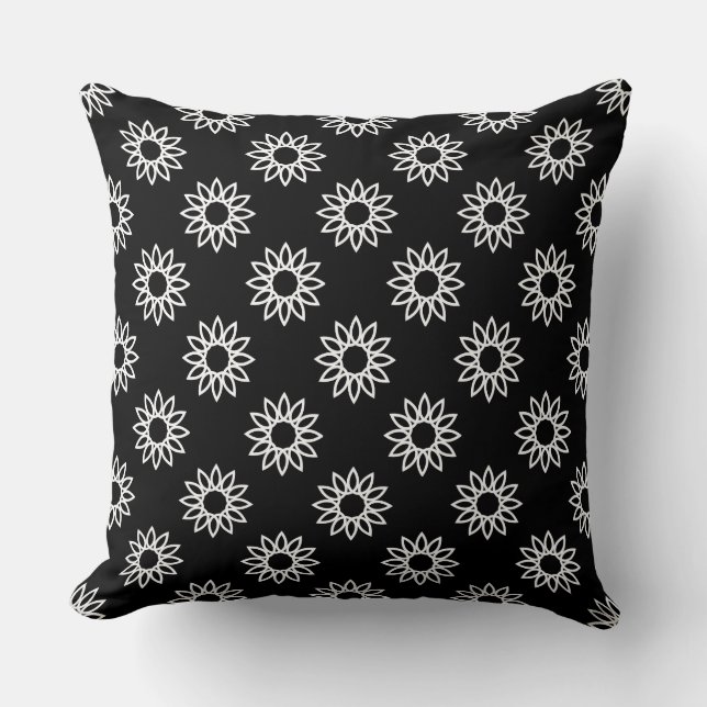 Coussin Fleur géométrique 01 - Blanc sur noir (Recto)