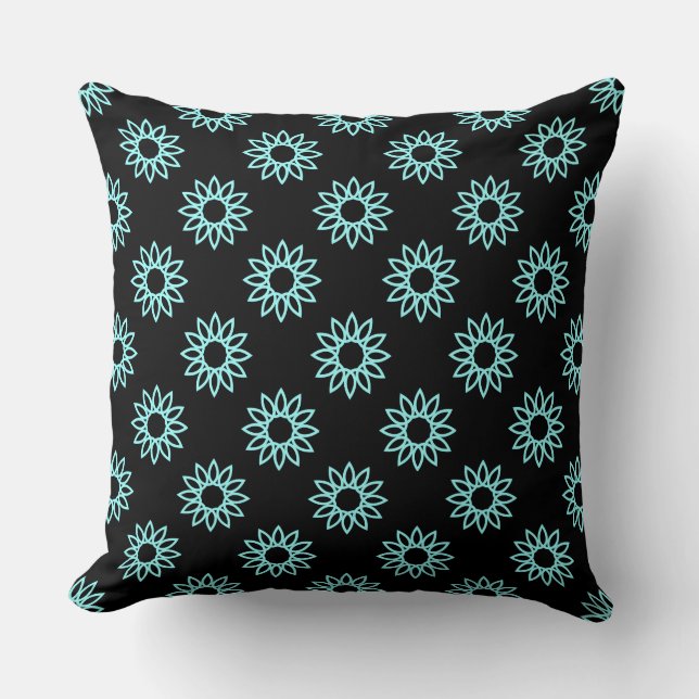 Coussin Fleur géométrique 01 - Bleu glacé sur noir (Recto)
