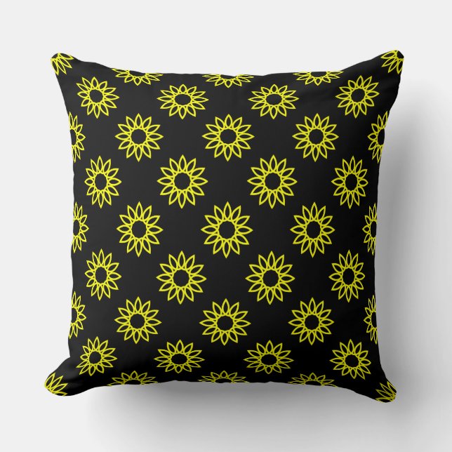 Coussin Fleur géométrique 01 - Jaune sur noir (Recto)