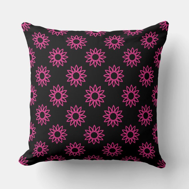 Coussin Fleur géométrique 01 - Rose chaud sur noir (Recto)