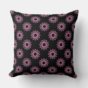 Coussin Fleur géométrique 01 - Rose sur fond noir