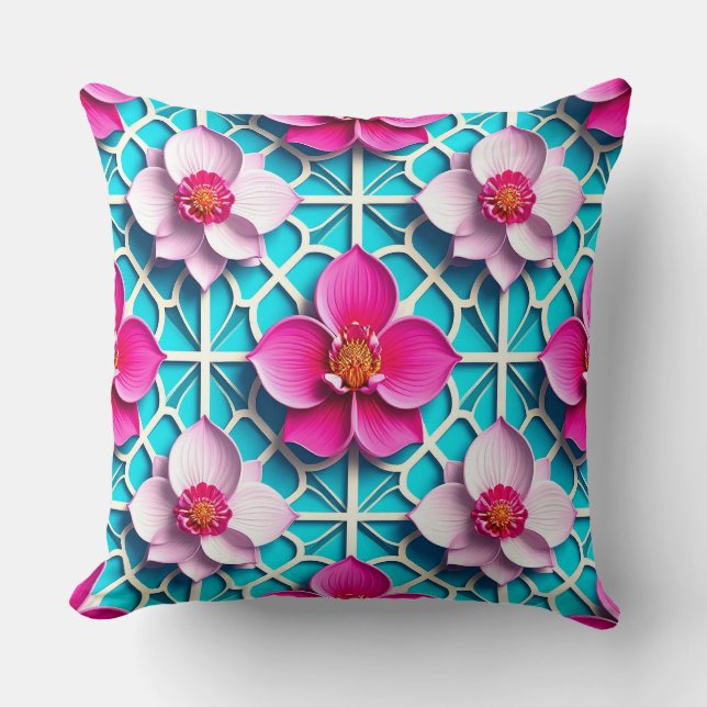 Coussin Fleur géométrique turquoise rose (Recto)