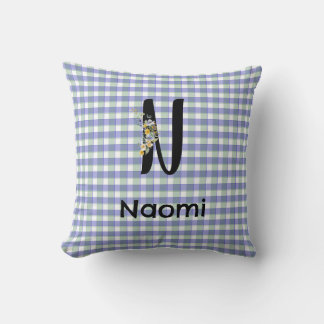 Coussin Fleur gingham bleu vert motif monogramme