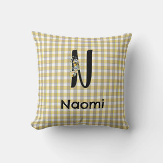 Coussin Fleur gingham jaune gris motif Monogramme