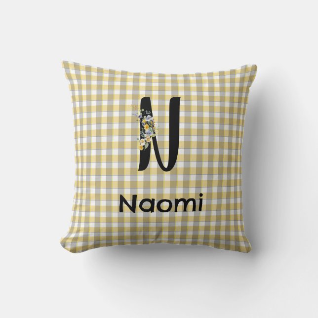 Coussin Fleur gingham jaune gris motif Monogramme (Recto)