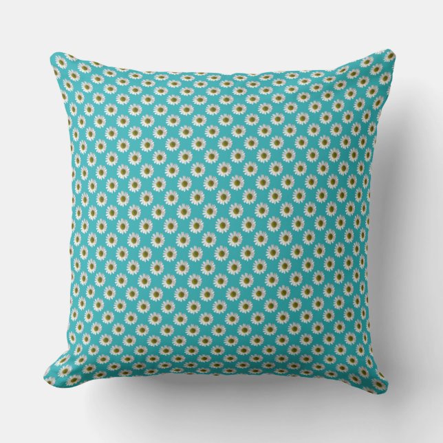 Coussin Fleur imprimé marguerite sur turquoise (Recto)