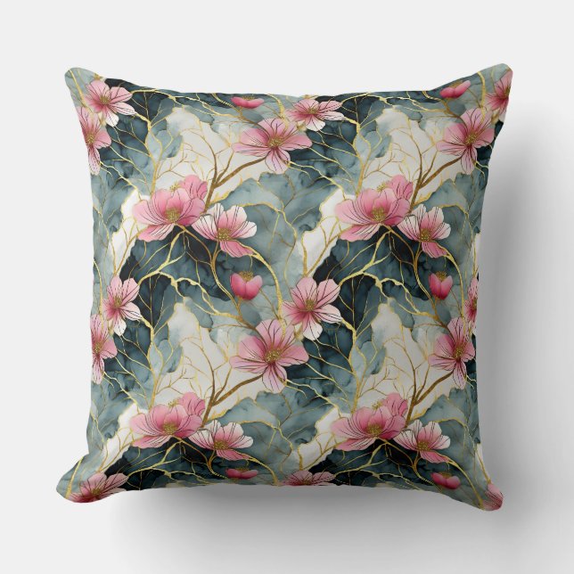 Coussin Fleur Japonaise, Rose Avec Or (Recto)