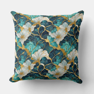 Coussin Fleur Japonaise Sarcelle Or