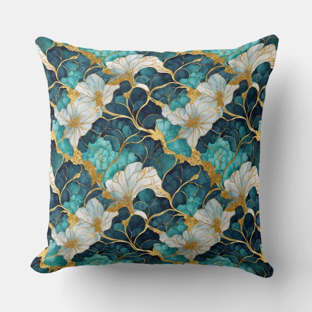 Coussin Fleur Japonaise Sarcelle Or (Recto)