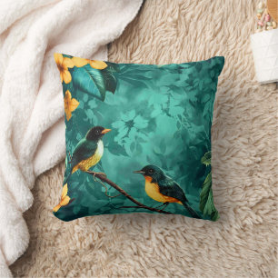 Coussin Fleur jaune et oiseau motif vintage forêt