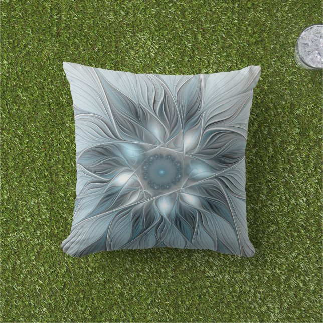 Coussin Fleur Joyeuse Abstrait gris bleu floral Fractal (Herbe)