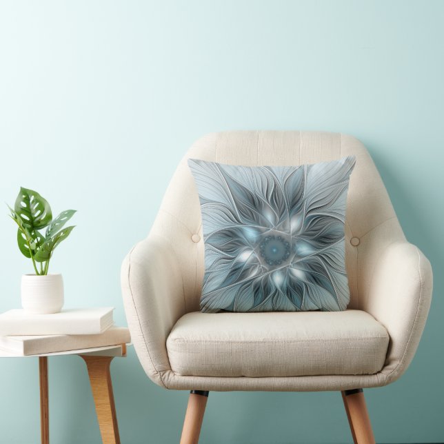Coussin Fleur joyeuse abstraite fleur bleue grise fractale (Chaise)