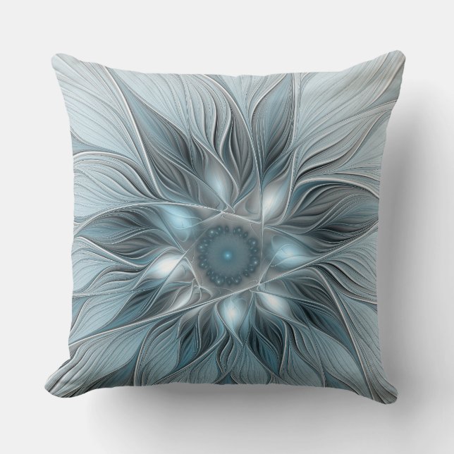 Coussin Fleur joyeuse abstraite fleur bleue grise fractale (Recto)