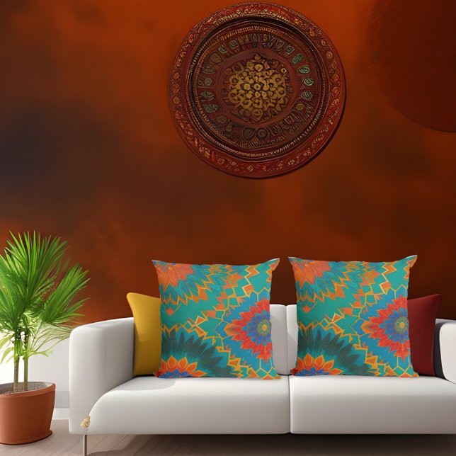 Coussin fleur marocaine de style or rouge orange sarcelle  (Créateur téléchargé)