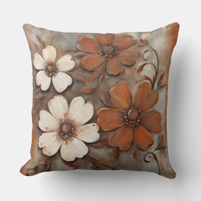 Coussin Fleur Moderne Brun Gris Orange Rouille (Recto)