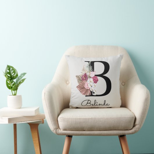 Coussin Fleur moderne initiale B rose monogrammée (Chaise)