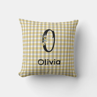 Coussin Fleur motif gingham gris jaune Monogramme