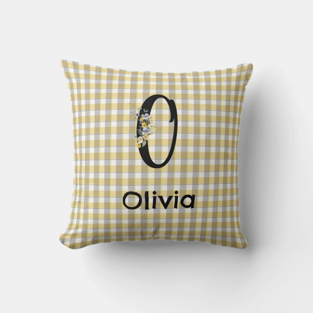 Coussin Fleur motif gingham gris jaune Monogramme (Recto)