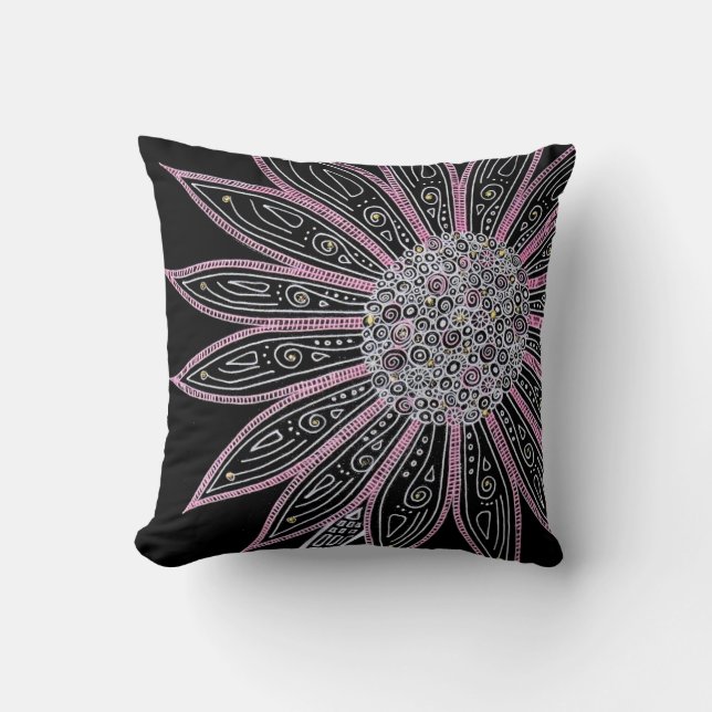 Coussin Fleur noire et blanche et rose (Recto)