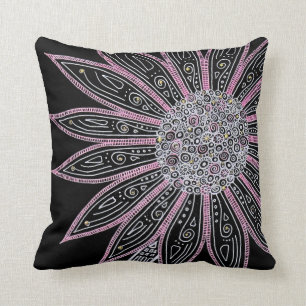 Coussin Fleur noire et blanche et rose