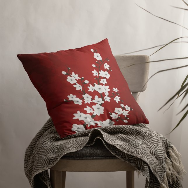 Coussin Fleur Orientale Florale Rouge Et Blanc De Cerisier (Créateur téléchargé)